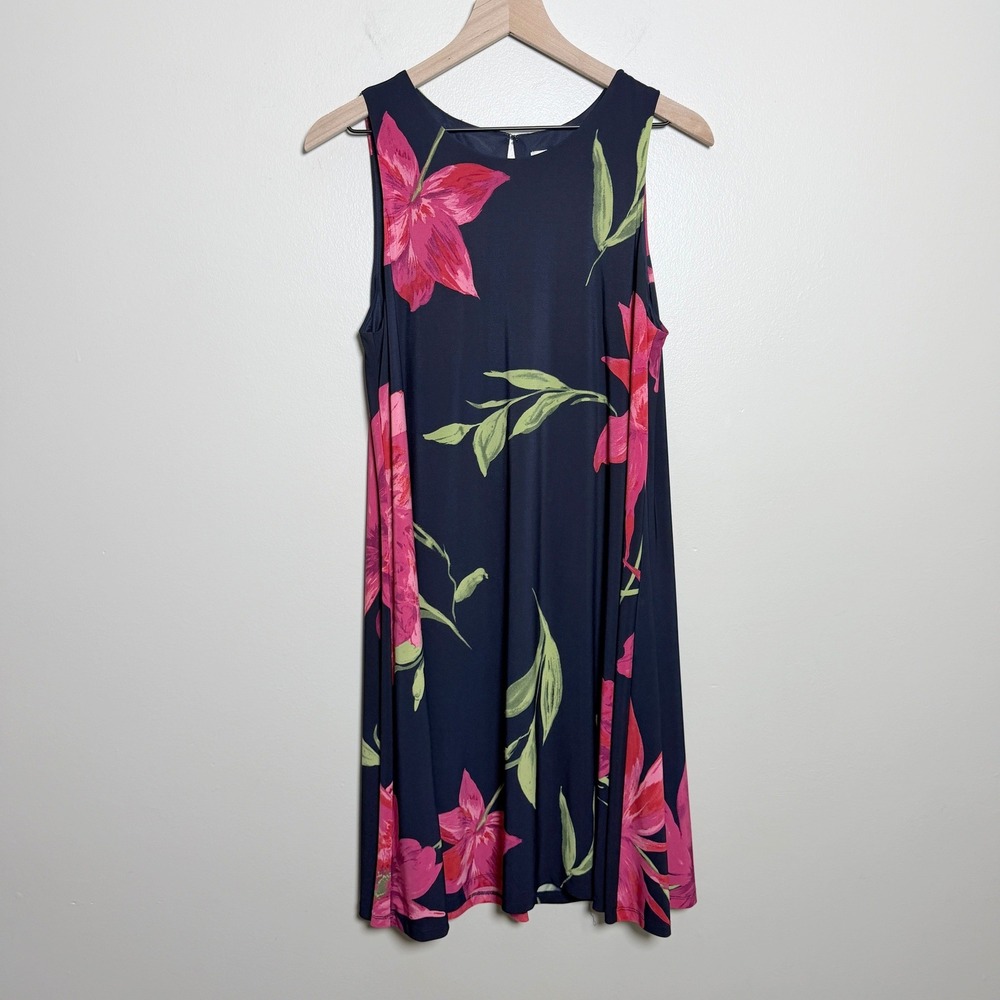 Anne Klein Womens Dress 12 Navy Blue Pink Floral Sleeveless Shift Lined Summer
